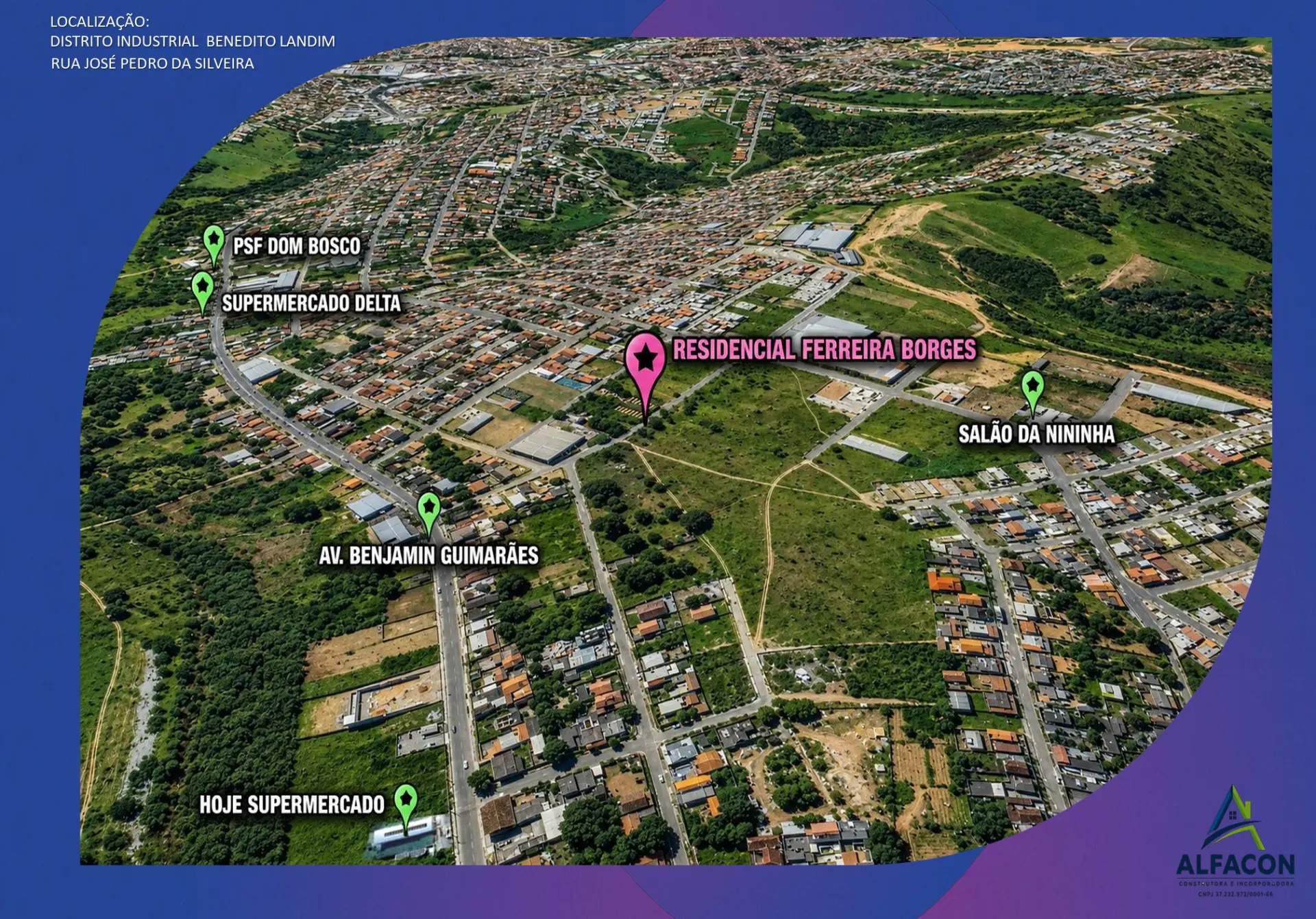 Mapa aéreo com a localização do Residencial Ferreira Borges e pontos de referência do bairro